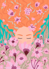 Obraz na płótnie Canvas Portrait of a woman in flowers, plants and flowers in her hair. Vector illustration.