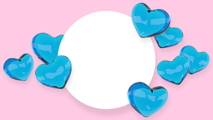 Hearts frame. Valentines day banner design with place for text. 3d illustration. Glass shiny 3d hearts. Love symbol wallpaper. Romantic poster.