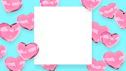Hearts frame. Valentines day banner design with place for text. 3d illustration. Glass shiny 3d hearts. Love symbol wallpaper. Romantic poster.