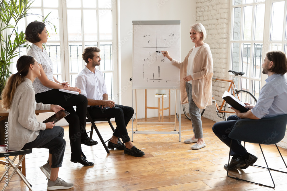 Poster Smiling middle-aged speaker make whiteboard presentation in office