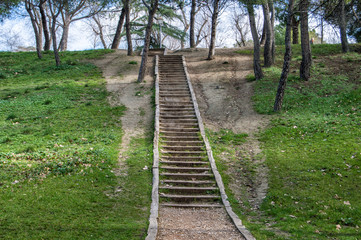 Fototapeta premium Rustic steps in a park in Madrid. Spain