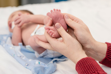 Obraz na płótnie Canvas Newborn baby's legs in mom's hands