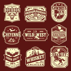 Vintage wild west monochrome emblems set - obrazy, fototapety, plakaty