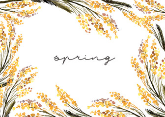 Watercolor floral spring horizontal concept with mimosa.Banner background of yellow mimosa flower for wedding card, poster, postcard,textile, paper