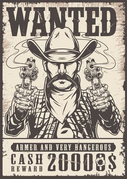 Vintage western wanted monochrome poster