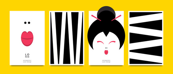 Set of cards, brochures with oriental motifs. Pages with a black and white geometric pattern and the face of an oriental woman. Vector illustration.