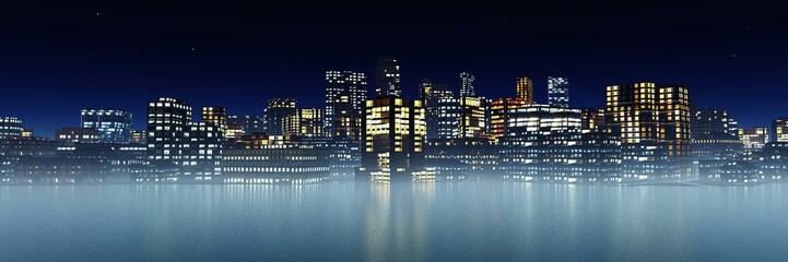 Fototapeta na wymiar Night city above the sea surface, 3D rendering