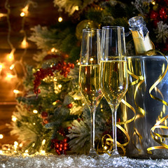 Christmas rustic background with champagne