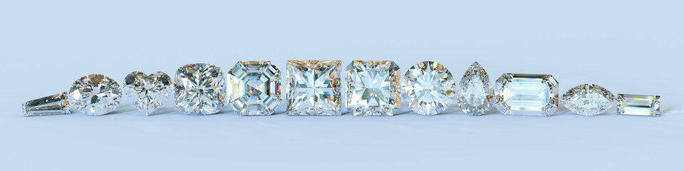 Twelve popular cut diamonds on light blue background - obrazy, fototapety, plakaty