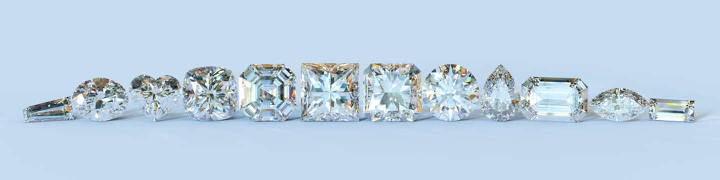 Twelve Popular Cut Diamonds On Light Blue Background