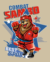 Sports. Strong Russian bear in red. Combat wrestling. Vector illustration.