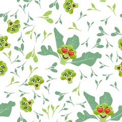 Cute seamless pattern with cartoon emoji broccoli