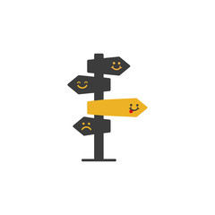 Vector illustration, emojy direction sign in different, destination, choice of directions, travel to different mood.