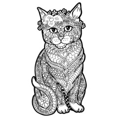 Illustration with hand drawn cat with doodles. Drawing for coloring book. Hand Drawn zentangle.