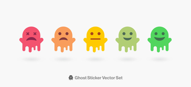 Emoji Stickers Vector Set. Customer Satisfaction Emotes from Sad To happy Ghost Characters Face. Funny Cartoon Emoji Stickers Illustration Set for Social Network or Chat.