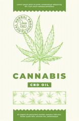 Hemp CBD Oil Abstract Vector Design Label. Modern Typography and Hand Drawn Cannabis Leaf Sketch Pattern Silhouette Background Layout.