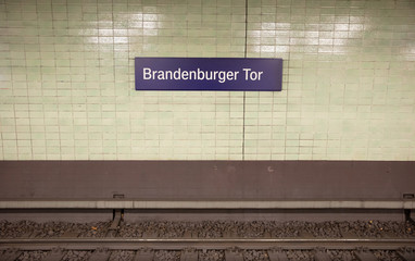 Berlin, Germany - December 30, 2019: Signage of the Branderburger Tor U-Bahn station. The german U-Bahn is one of the biggest underground networks in  Europe.