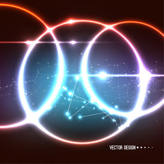 Vector abstract background with overlapping circles and dots. Chaotic motion. Round banner with empty space for text. Node molecule structure. Science and connection concept.