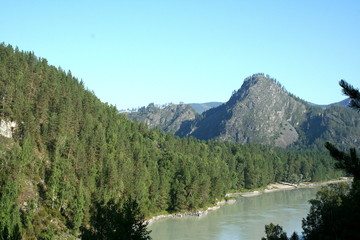 Fototapeta na wymiar Mountains covered with forest, in summer in Sunny weather, next to the river