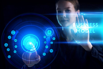 Business, Technology, Internet and network concept. Young businessman working on a virtual screen of the future and sees the inscription: Business model