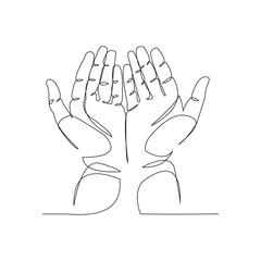 Continuous line drawing of palm hand of an islamic praying for ramadan and ied mubarak. Vector illustration.