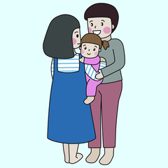 lovely warm Families With Husband, Wife And One little daughter Vector Illustration cartoon doodle background 