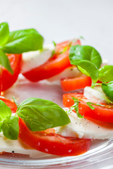 caprese salad with ripe tomatoes and mozzarella cheese with fresh basil leaves. Italian food