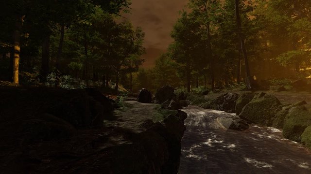 川の小径の夕暮れ