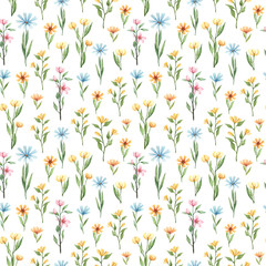 Watercolor seamless pattern with spring wild flowers