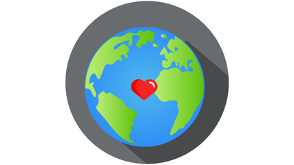 Earth with red heart on gray background  for Earth Day. Vector illustration in flat design