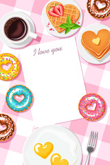 festive Breakfast for Valentine's day.  Coffee, scrambled eggs hearts, strawberry waffles heart, heart pancakes and pink donut, chocolate donut, mint and lemon  donut. vector greeting card