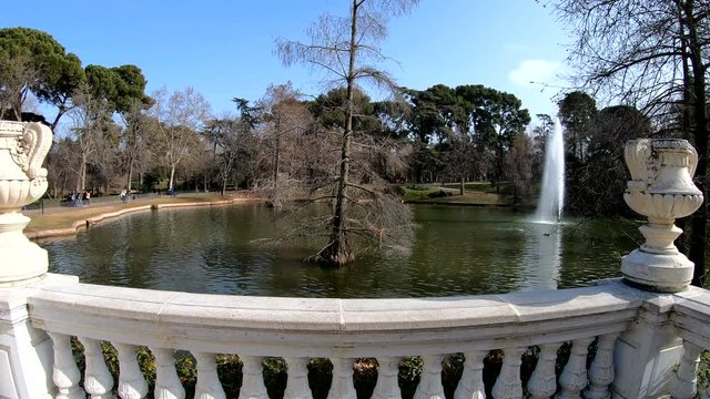 Small lake by Crystal Palace in Buen Retiro Park in Madrid, Spain