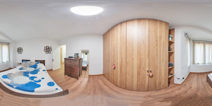 360 equirectangular photography, is a bedroom, with a large closet and a large bed