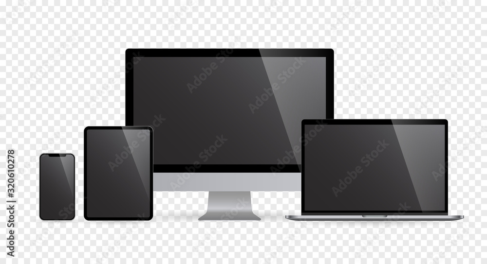 Aufkleber realistic set of computer monitors desktop laptop tablet and phone with black screen and checkerboar