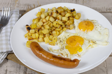 saucisse, pommes de terre et oeuf au plat