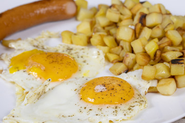 saucisse, pommes de terre et oeuf au plat