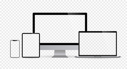 Realistic set of computer monitors desktop laptop tablet and phone with checkerboard screen and background V2. Isolated illustration vector illustrator Ai EPS