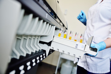 A scientist in a laboratory places test tubes with blood or urine in the container of a thermal...