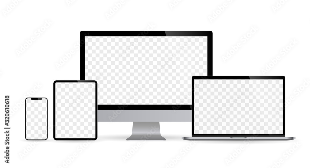 Poster realistic set of computer monitors desktop laptop tablet and phone with checkerboard screen and whit
