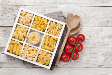 Various pasta in wooden box