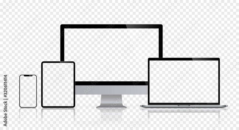 Poster realistic set of computer monitors desktop laptop tablet and phone reflect with checkerboard screen 