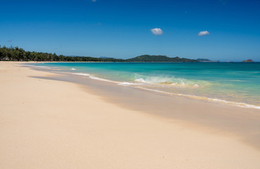 Wide and deserted idyllic sand at Sherwood Beach on the east coast of Oahu in Hawaii in winter