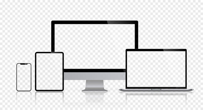 Realistic set of computer monitors desktop laptop tablet and phone reflect with checkerboard screen and background V2. Isolated illustration vector illustrator Ai EPS