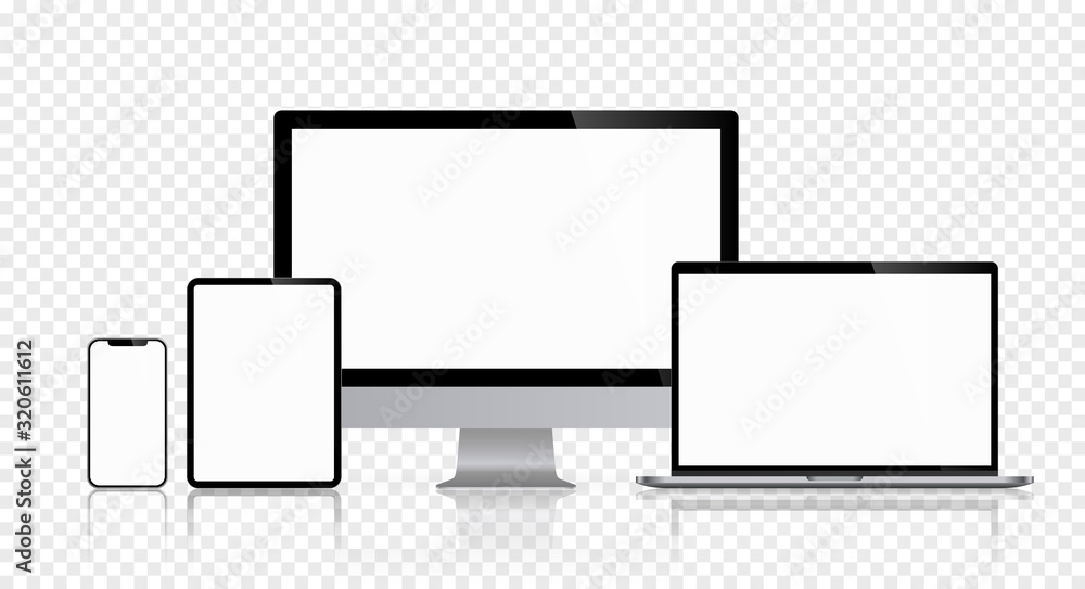 Aufkleber realistic set of computer monitors desktop laptop tablet and phone reflect with white screen and che