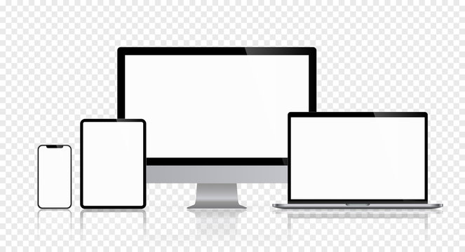 Realistic set of computer monitors desktop laptop tablet and phone reflect with white screen and checkerboard background V2. Isolated illustration vector illustrator Ai EPS