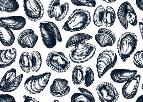 Hand drawn edible marine mollusks seamless pattern. Vector package, banner, flyer, menu, recipes design with realistic seafood elements. Cooked clams, oysters, cockles, mussels top view background.
