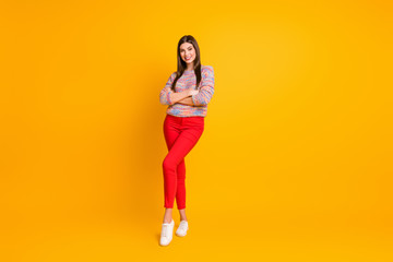 Fototapeta na wymiar Full size photo of positive cheerful attractive girl cross hands posing enjoy work decisions choice solution wear good look sweater gumshoes isolated over bright color background