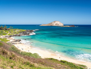 View across the East coastline of Oahu over Makapu'u beach with Rabbit and Kaohikaipu islands
