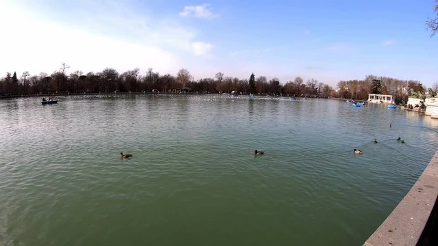 Panoramic view of Buen Retiro park lake in Madrid