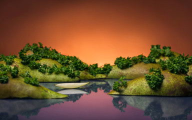 A landscape studio photo of a lake and hills made out of pears and greenery on plexiglass.
